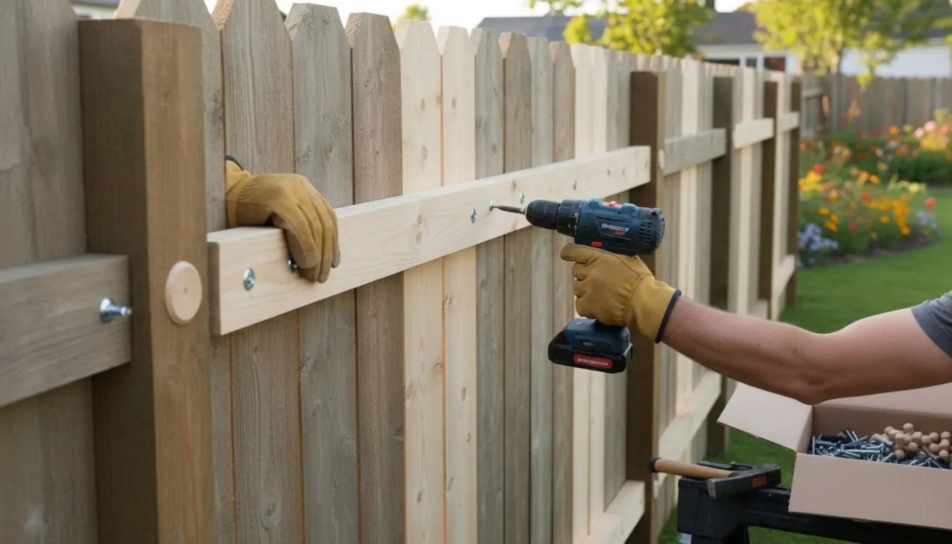 Nærbillede af hænder, der skruer 1,7 m høje træbrædder op på et hegn i en solrig baghave.
