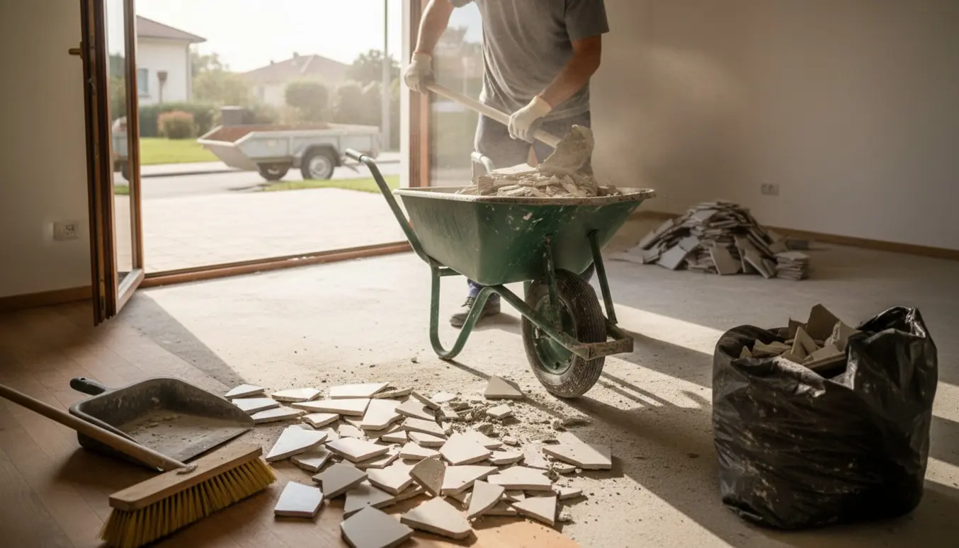 Ødelagte klinker bliver samlet op i en villa med åben terrassedør og trillebør klar til bortskaffelse.