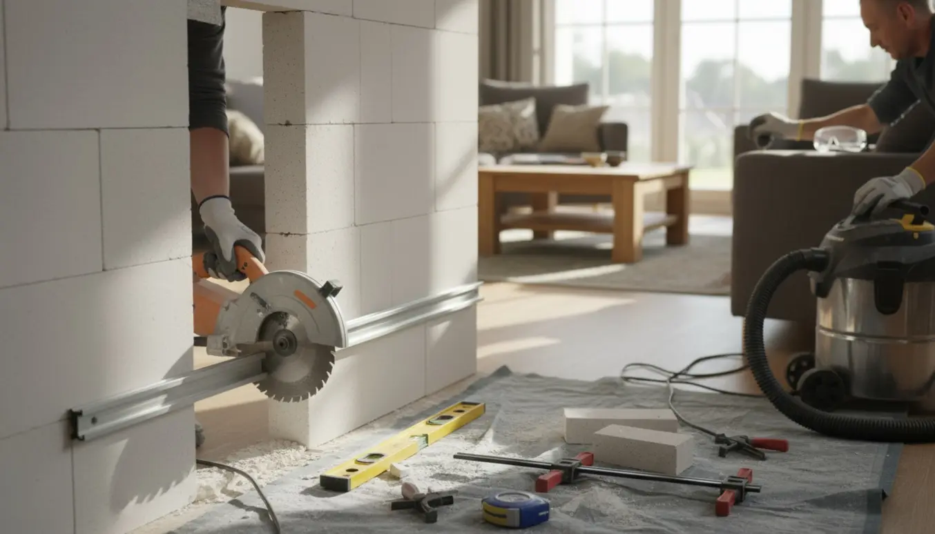 Præcist skåret rektangulært hul i 7,5 cm gasbetonvæg mellem stue og køkken med værktøj og rene kanter.