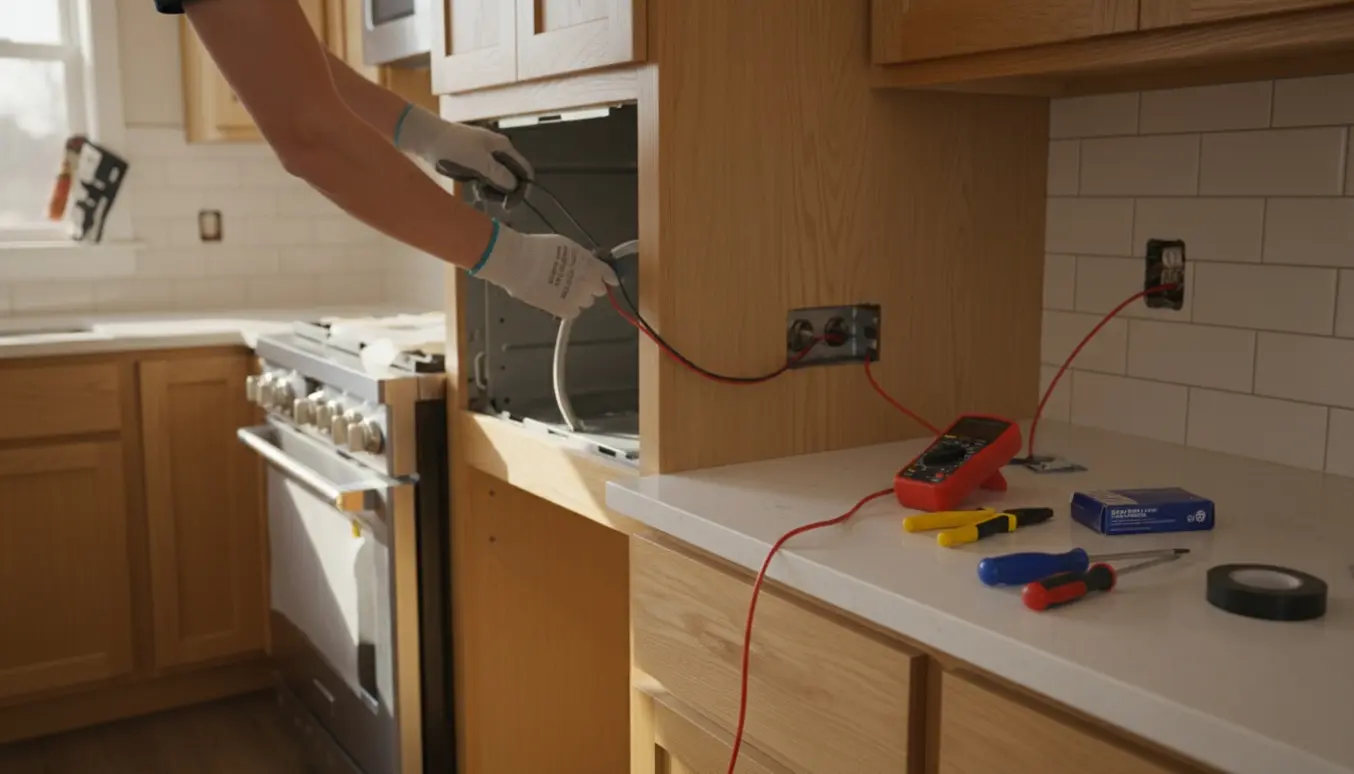 Elektriker forlængere strøm til ovn og monterer stik til opvaskemaskine i et lyst køkken.