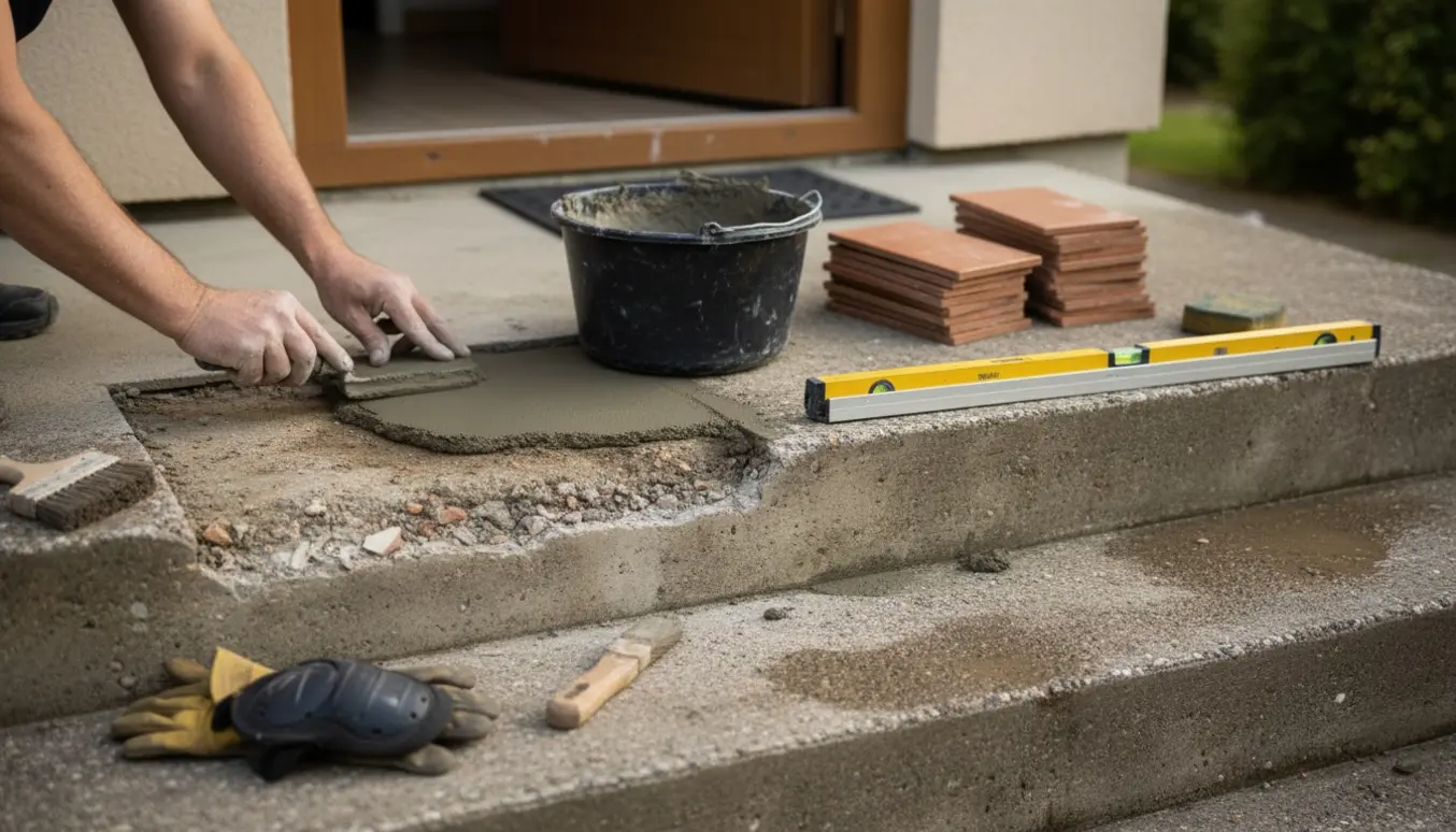 Nærbillede af hovedtrappe hvor håndværker jævner frisk mørtel for at skabe ny hældning ved indgangen.