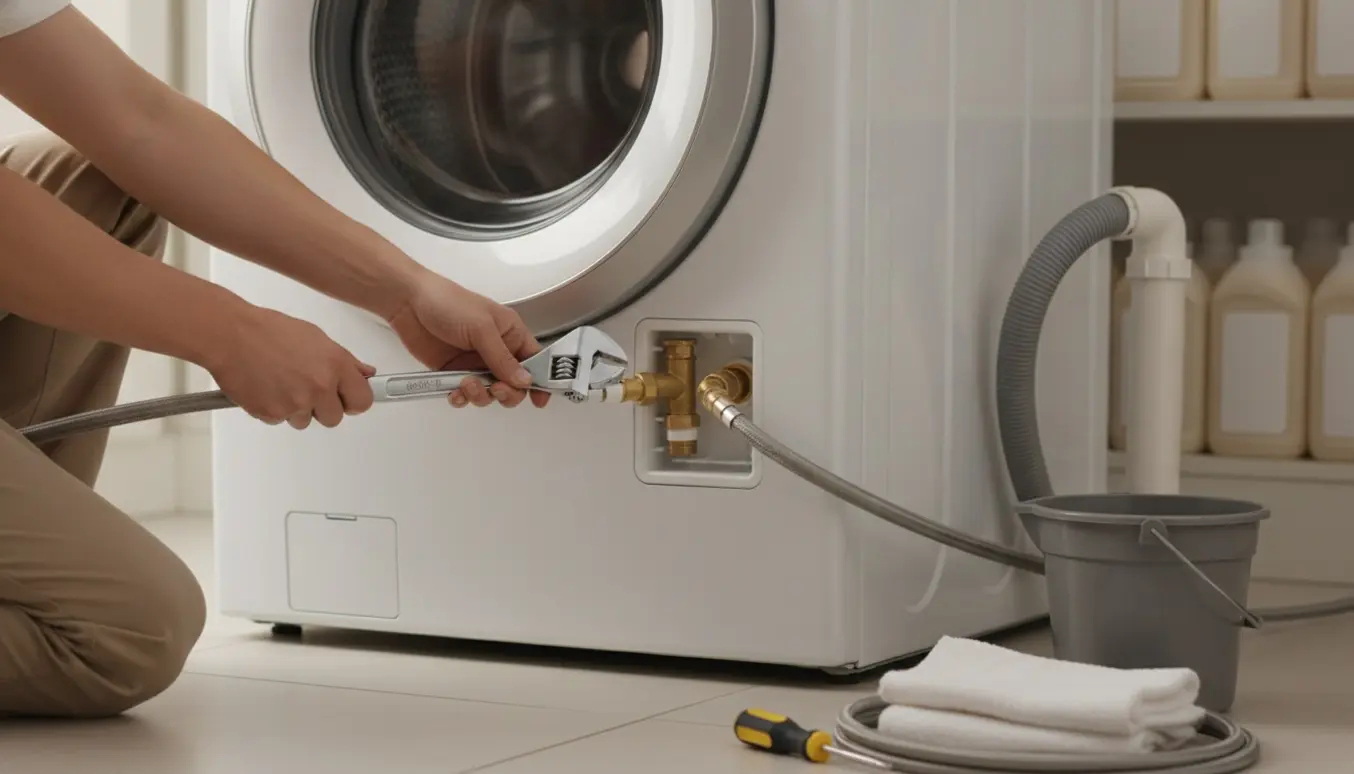 Hænder forbinder en moderne vaskemaskine-tørretumbler til vand- og afløbsforbindelser i et rent vaskerum.