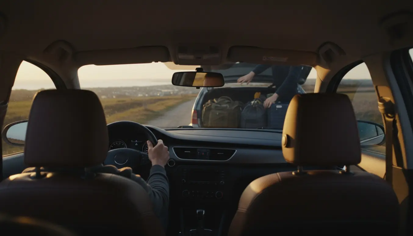 Bil interiør ved skumring pakket til haste-kørsel med to passagerer og bagage.