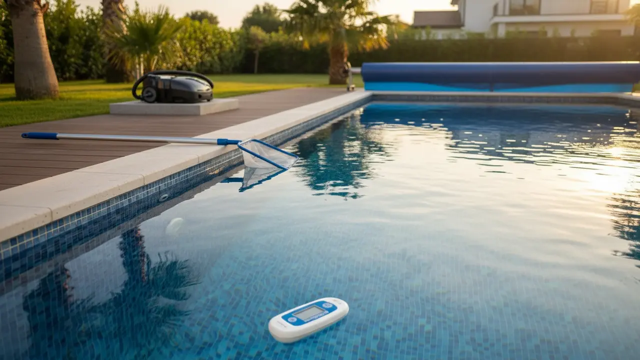 Oversigt over en baghavepool med klart vand og forskelligt pooltilbehør på kanten