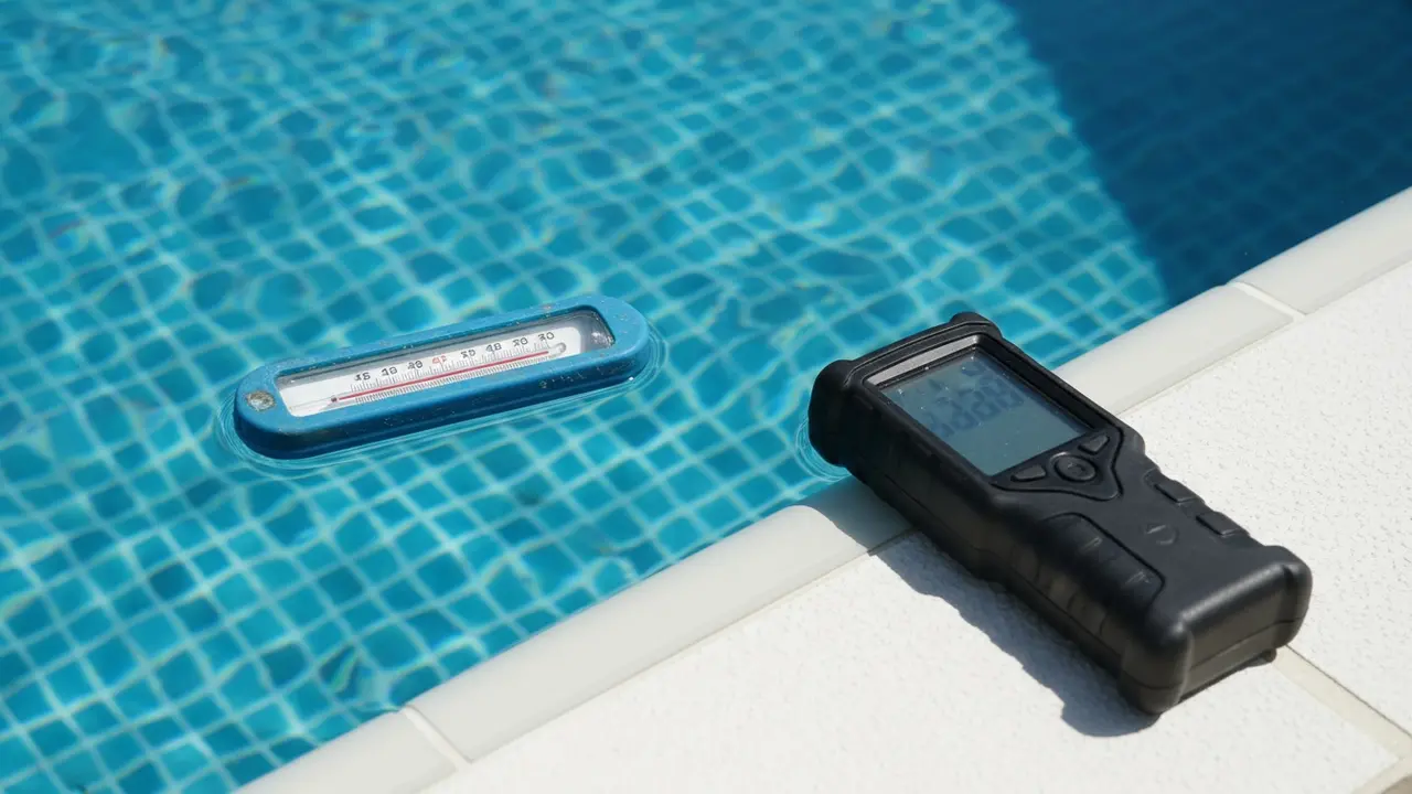 Et flydende termometer i vandet og et digitalt termometer på poolkanten side om side