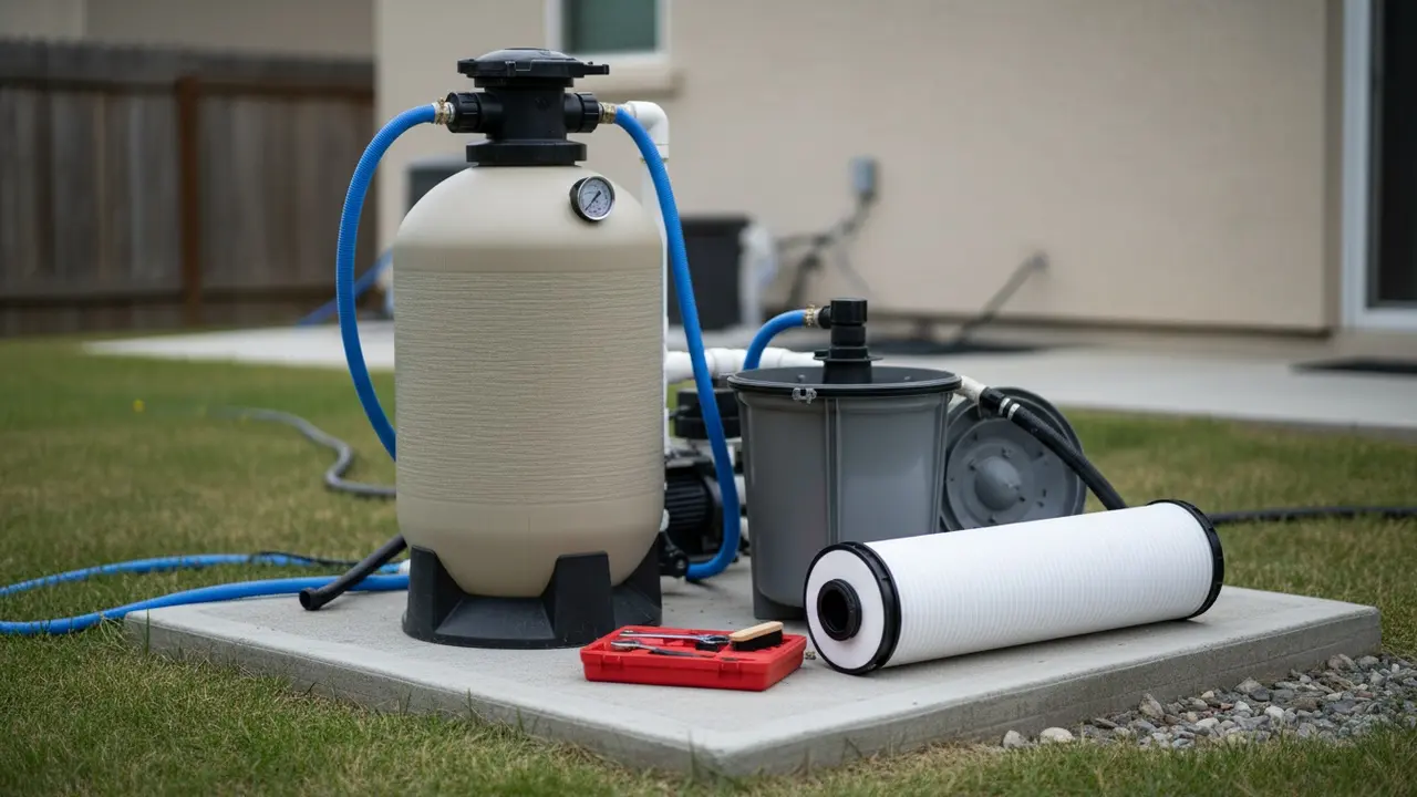 Poolfiltre: sandfiltertank med ventil og en åben patronfilter med udskiftet patron