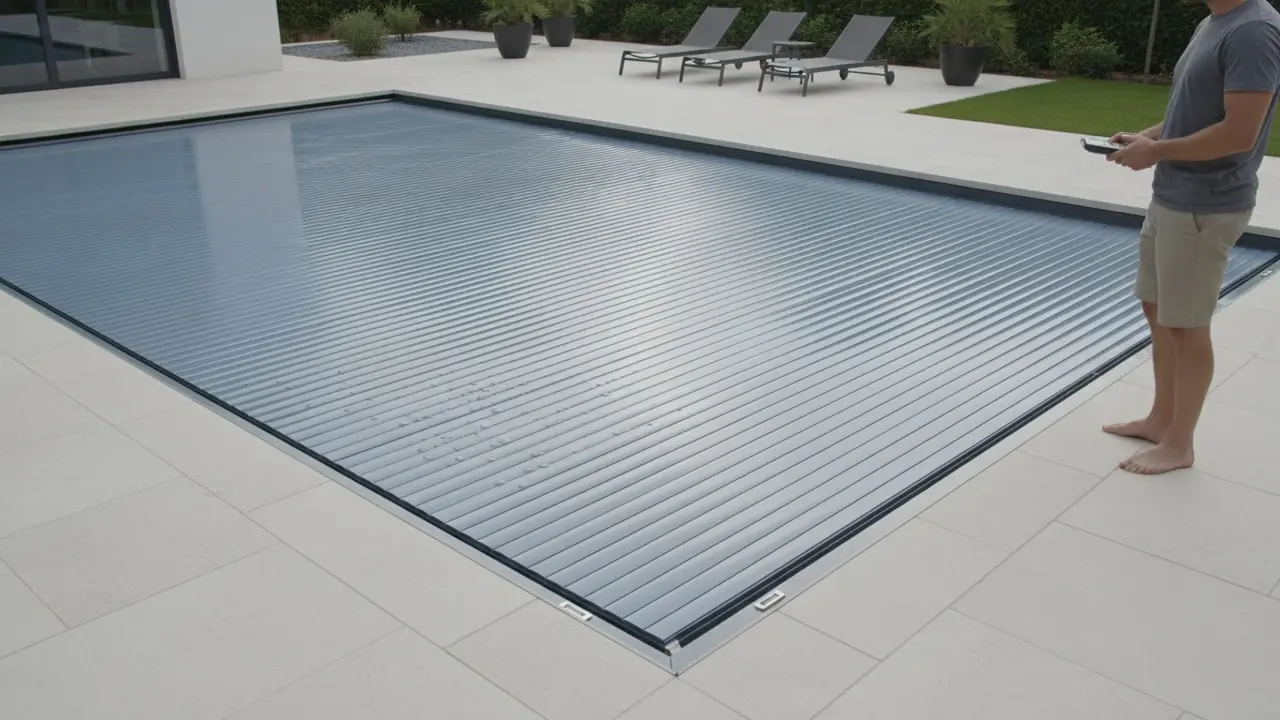 Delvist rullet pooloverdækning på vej over poolen, person ved siden af med fjernbetjening