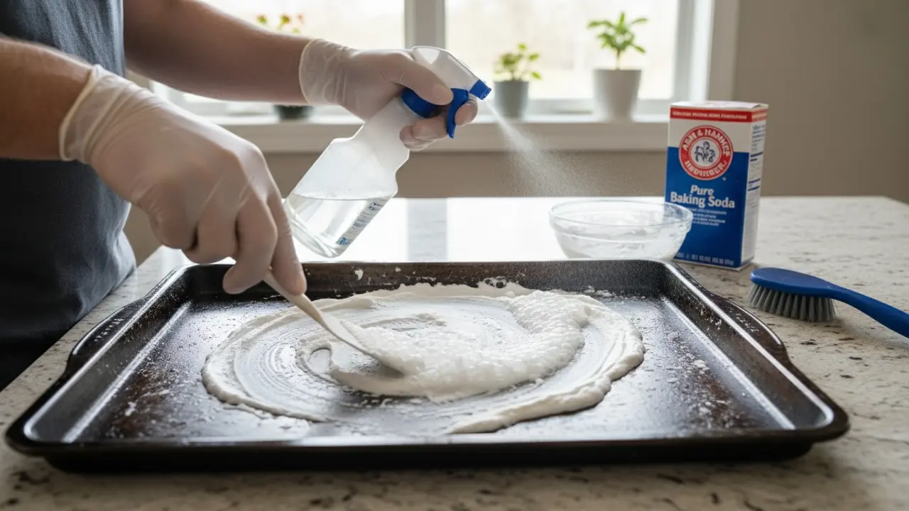 Påføring af bagepulverpasta og sprayet eddike, der skummer på bradepanden