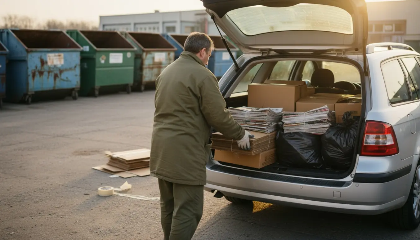 En person læsser sammenfoldet pap og affald i bagagerummet på en bil ved en genbrugsplads.
