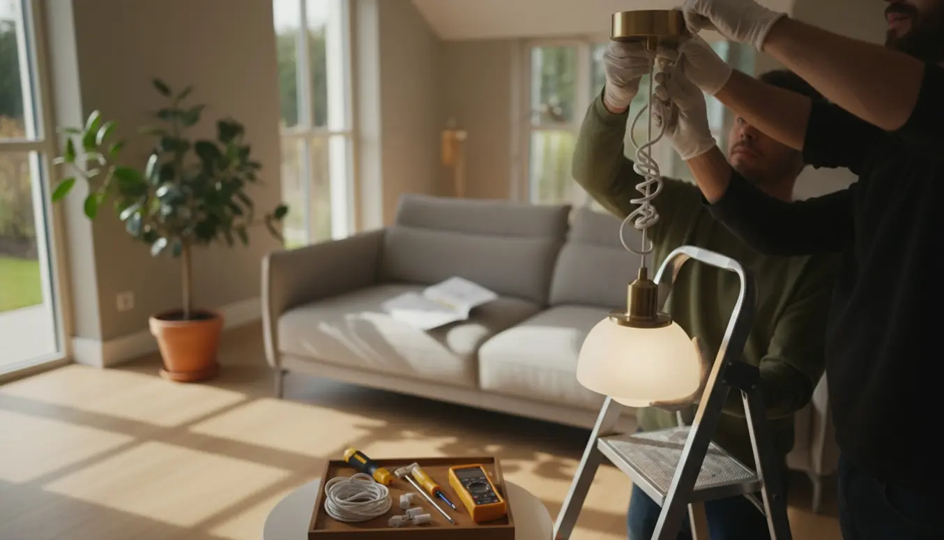 Hænder monterer en elegant loftlampe i en stue med stige og værktøj, uden synlige ansigter.