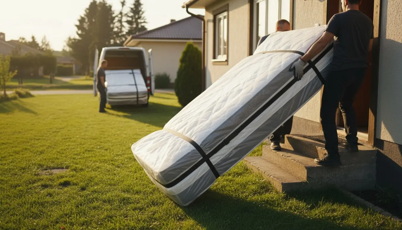 To personer bærer en indpakket dobbeltsengsmadras (180x200) over græsset mod et smalt indgangsparti med tre trin.