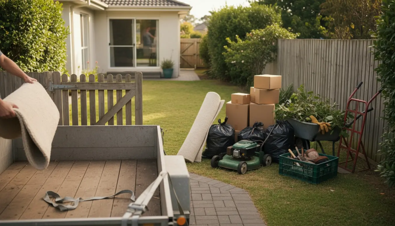 Trailer parkeret uden for havelågen, mens plæneklipper, tæppe, poser og haveredskaber bliver læsset.
