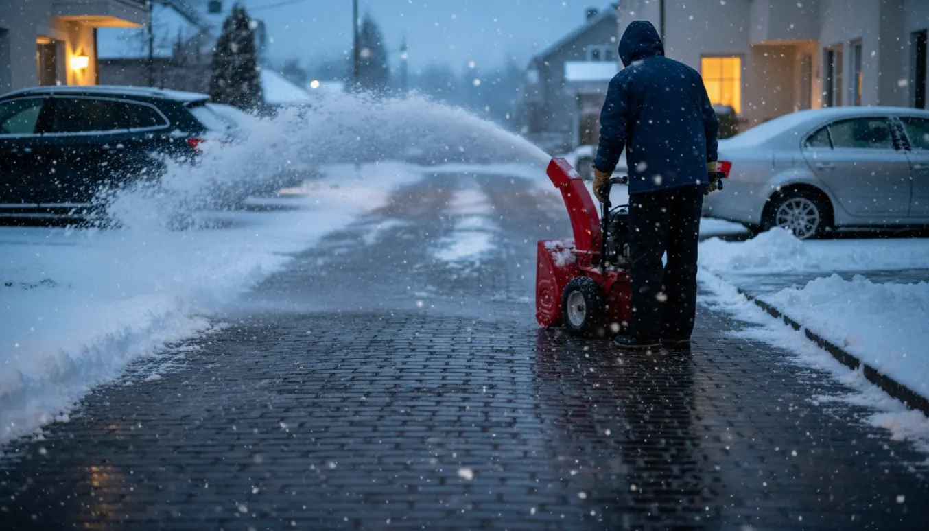 En person set bagfra betjener en snefræser og rydder en stenbelagt privat vej og parkeringsplads ved skumring.