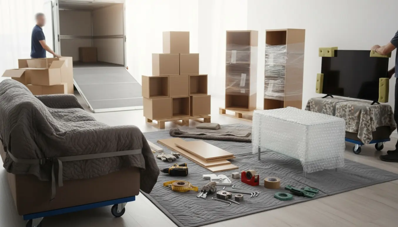 Møbler og emballage klar til flytning i en lys lejlighed.