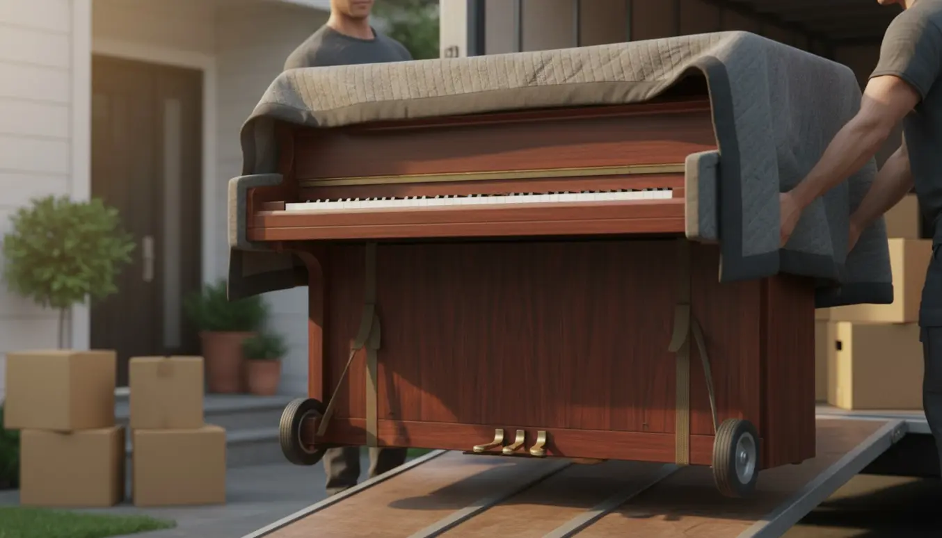 Poleret rosentræsklaver bliver forsigtigt lastet ind i en flyttevogn med flyttedækkener og løfteudstyr.