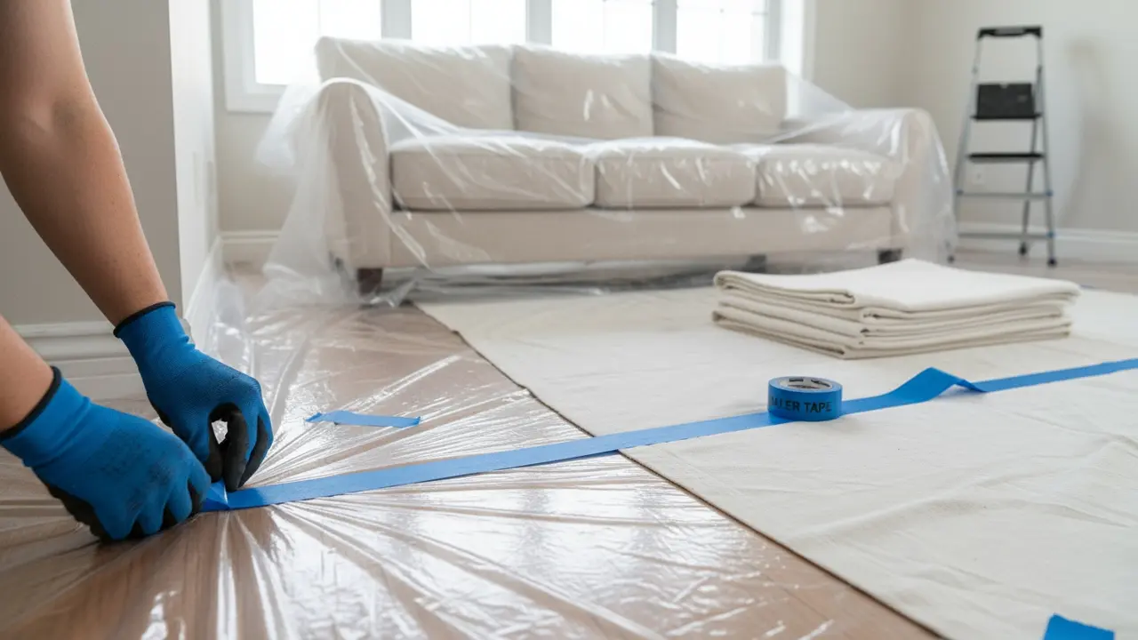 Stue hvor gulv, sofa og kanter afdækkes med plast og malertape