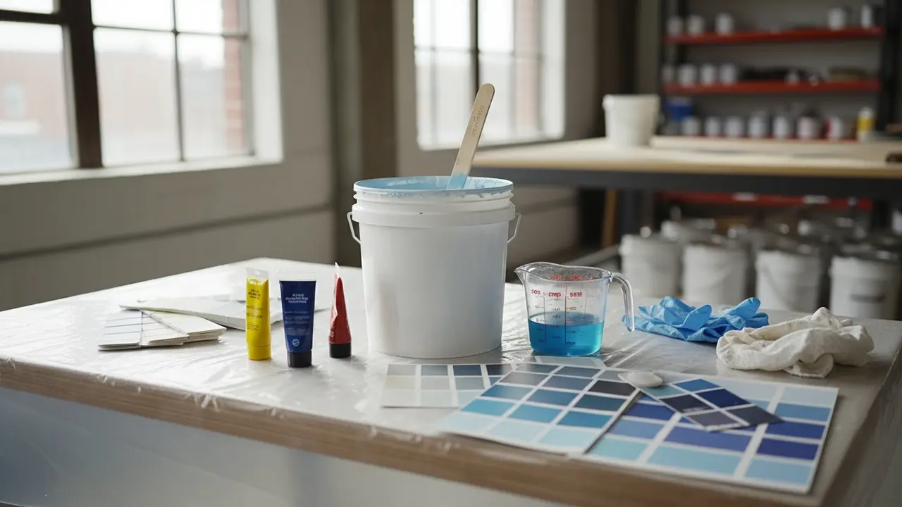 Spand med hvid maling og målebæger mens farve tilsættes og røres