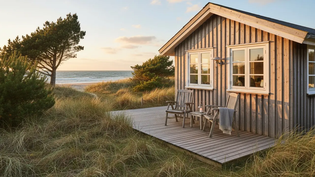 Udendørs sommerhus ved kysten med terrasse og strand i baggrunden