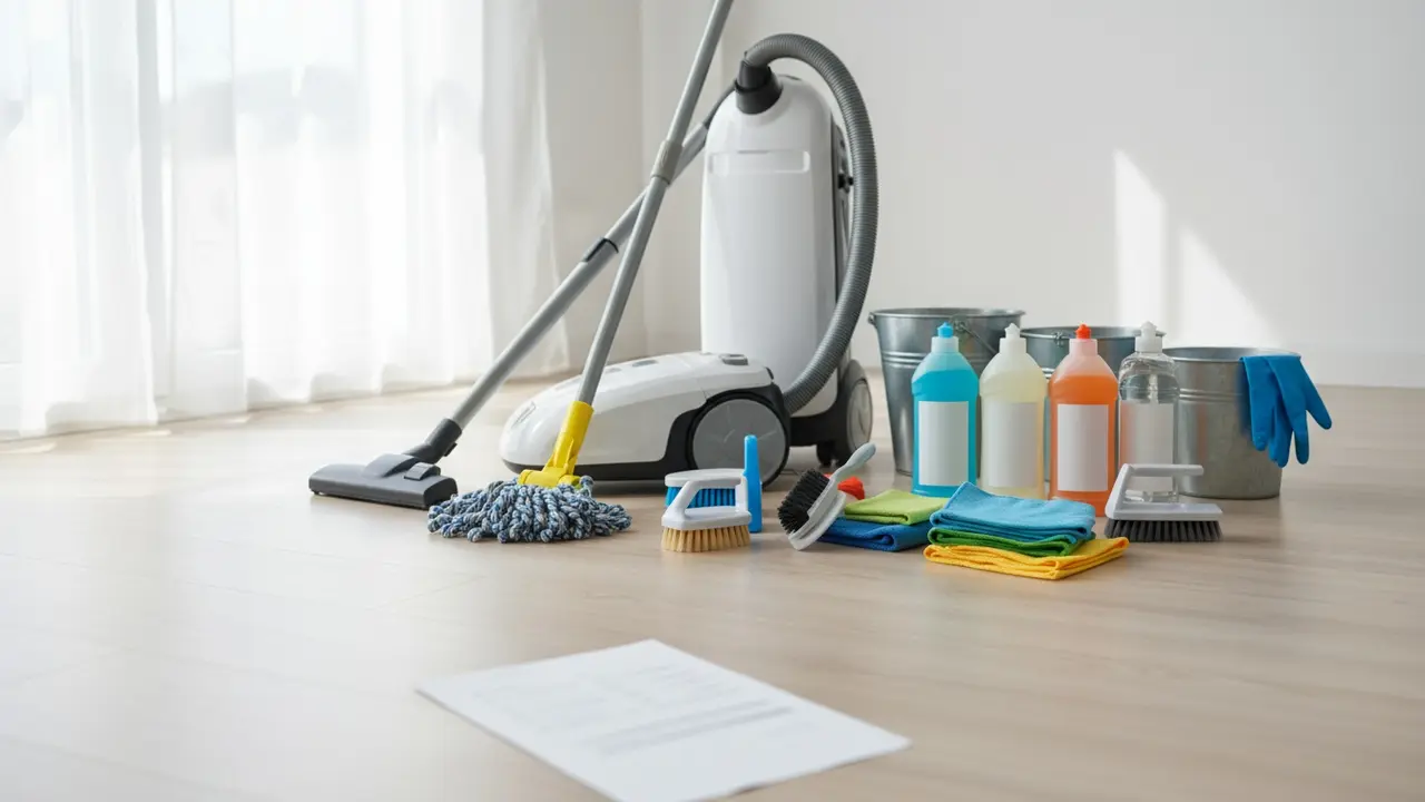Oversigt over rengøringsudstyr: moppe, børster, klude, spand og rengøringsmidler