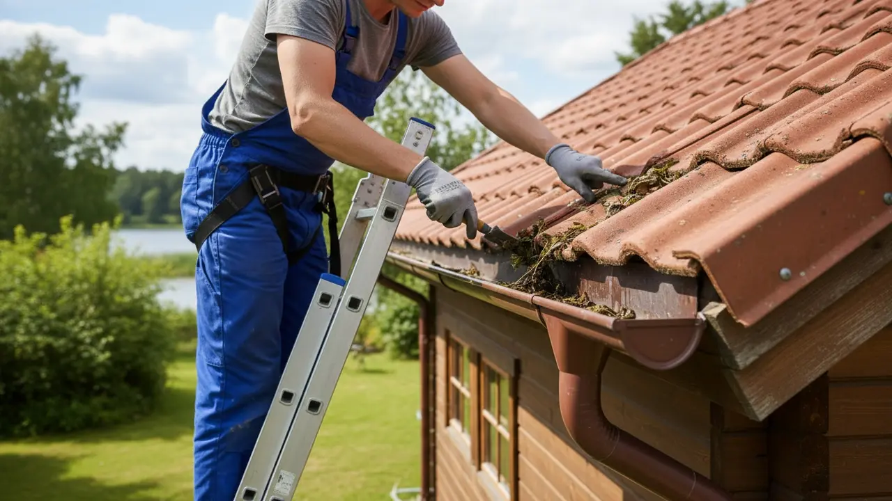 Person inspicerer og renser tagrende på et sommerhus for vedligeholdelse