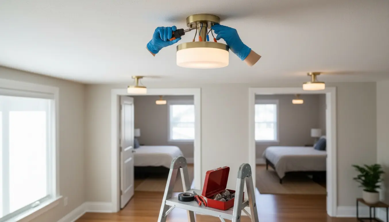 Glæver monterer en loftlampe i en entré med oplyste værelser og stue i baggrunden.