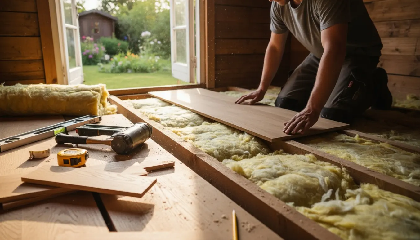 Hænder lægger nye trægulvbrædder over isolering i en kolonihavehytte, med værktøj og sollys fra vinduet.