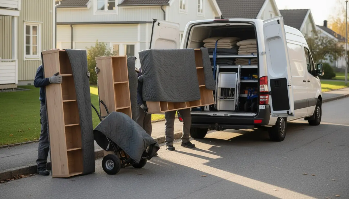 Tre høje reoler læsses ind i en hvid varevogn på en stille forstadsgade, beskyttet af flyttetæpper og sikret med stropper.