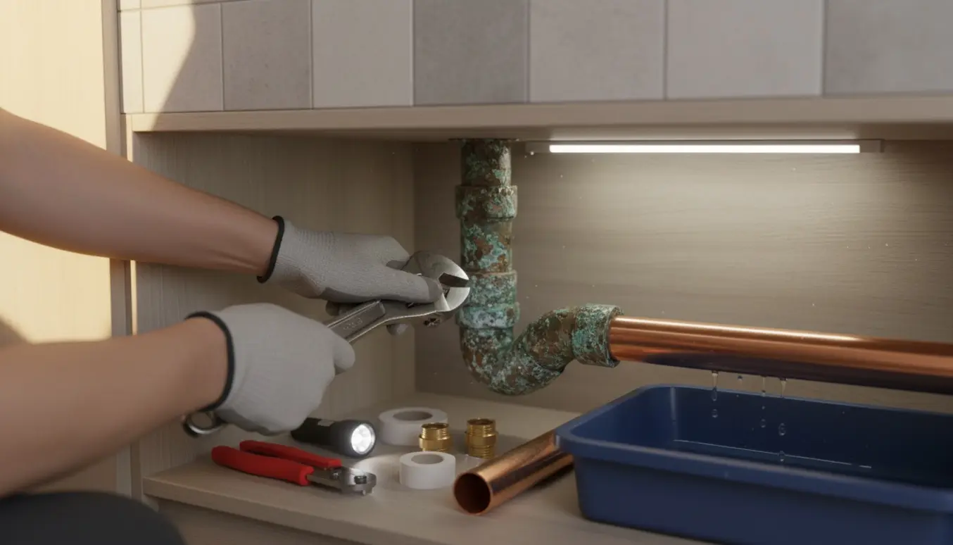 Hænder udskifter korroderet kobberrør under en køkkenvask med nyt rør og værktøj.