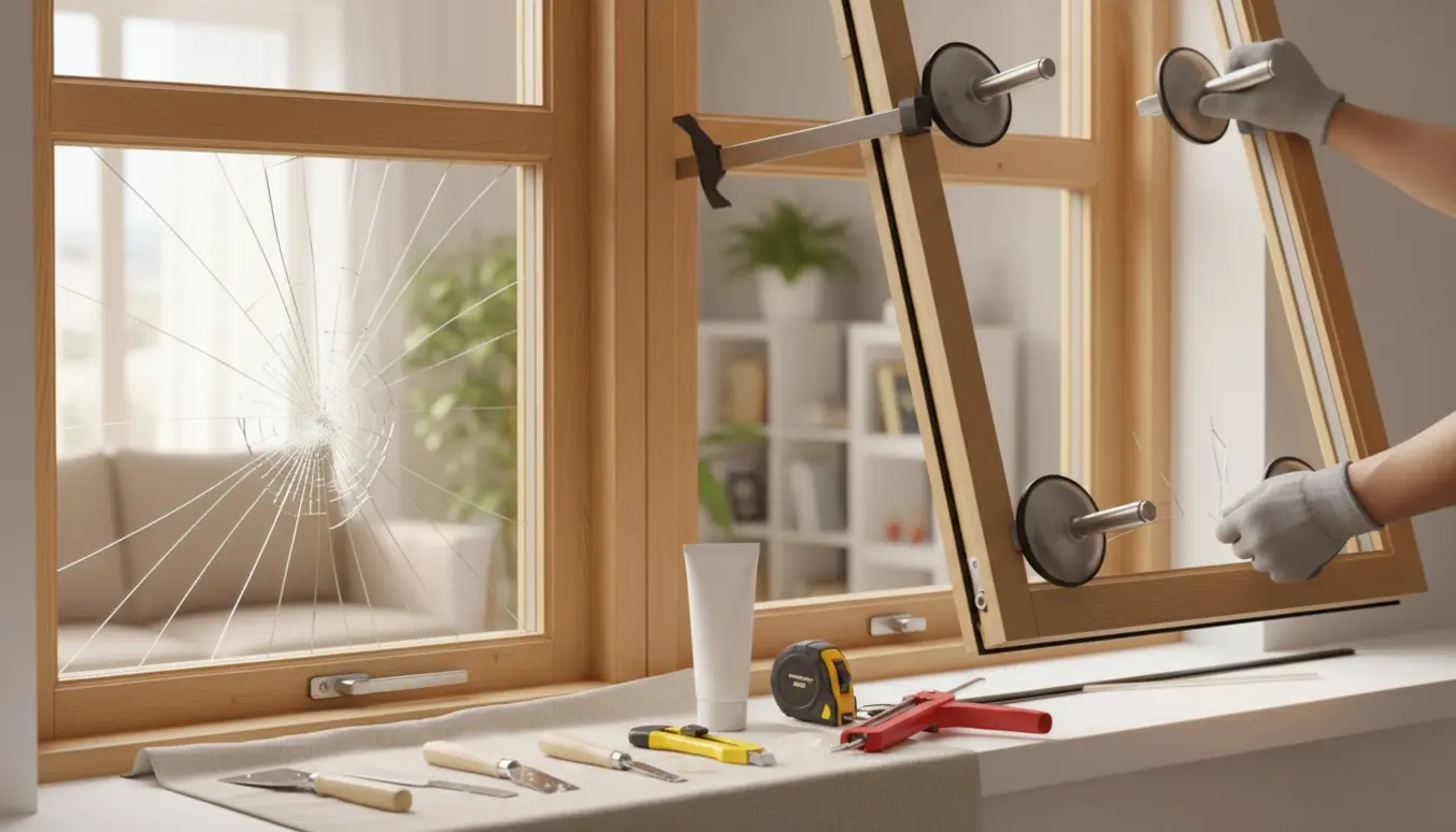 Hænder holder en ny termorude ved to topstyrede vinduer, mens munkværktøj ligger klar til udskiftning af nederste glas.