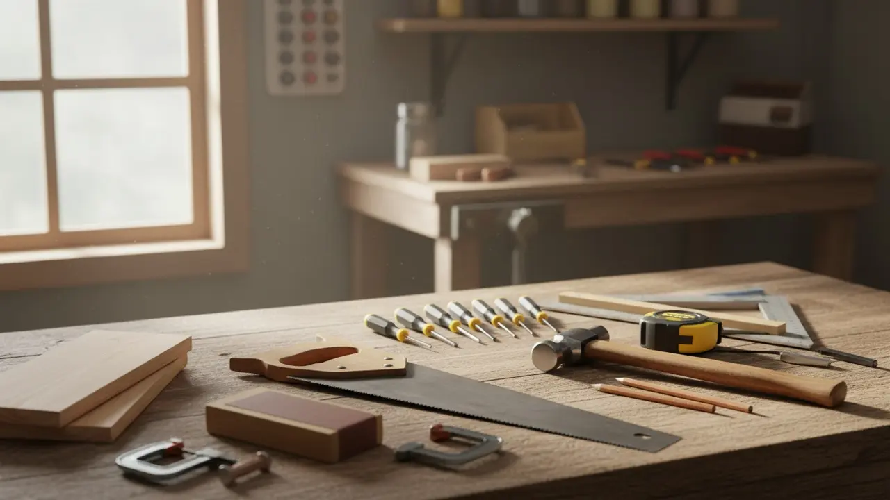 Begynder værktøjssæt på træbord med sav, hammer, skruetrækker, målebånd og sandpapir.