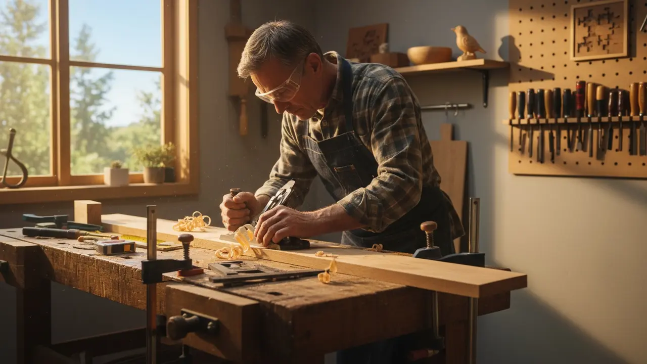 Person i hjemmeworkshop arbejder med håndhøvl på træplanke, træspåner og værktøj på bordet.