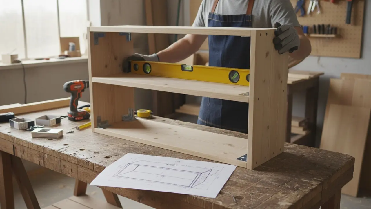 Halvfærdig boghylde på værksted, person justerer hylde med vaterpas, skruer og boremaskine ved siden af.