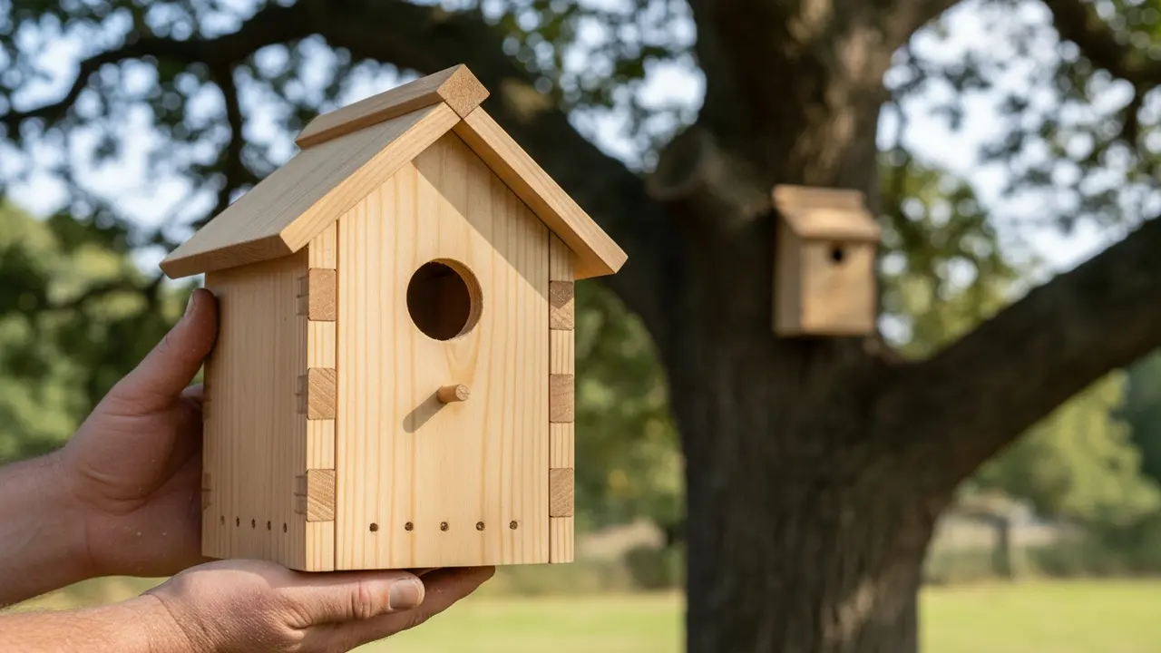 Håndlavet fuglehus med 25 mm indgangshul og hængslet tag, holdt i hænder foran træ til montering.