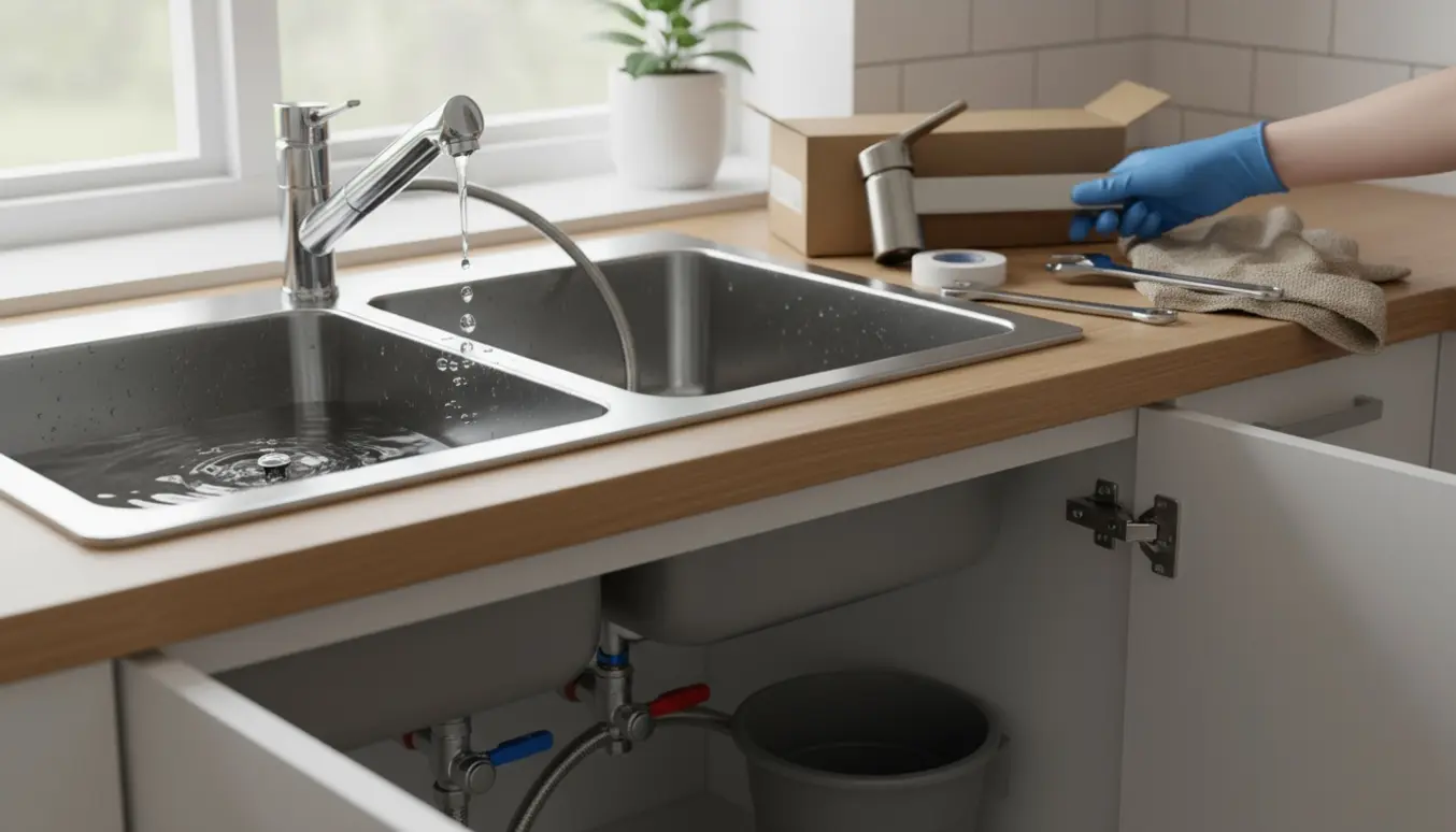 Nærbillede af køkkenvask under udskiftning af vandhane med ny armatur, værktøj og åbent underskab.