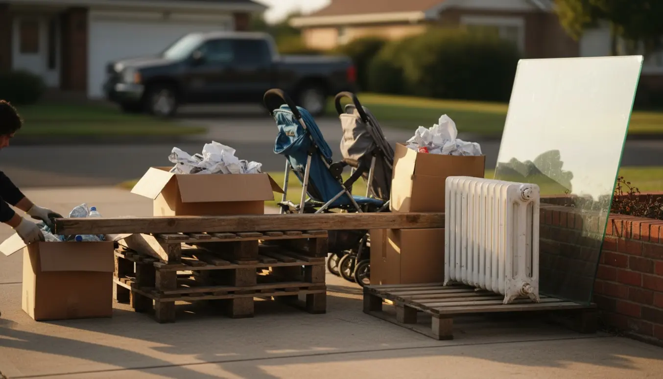 Stak med skrald ved indkørsel med træpæl, tre paller, to barnevogne, en radiator, kasser og en glasrude.