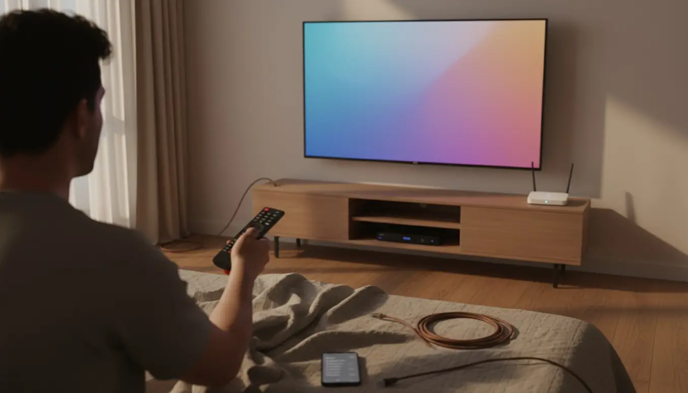 Hænder med fjernbetjening peger på et vægmonteret TV i et soveværelse med en router og tv-boks på et skab i forgrunden.