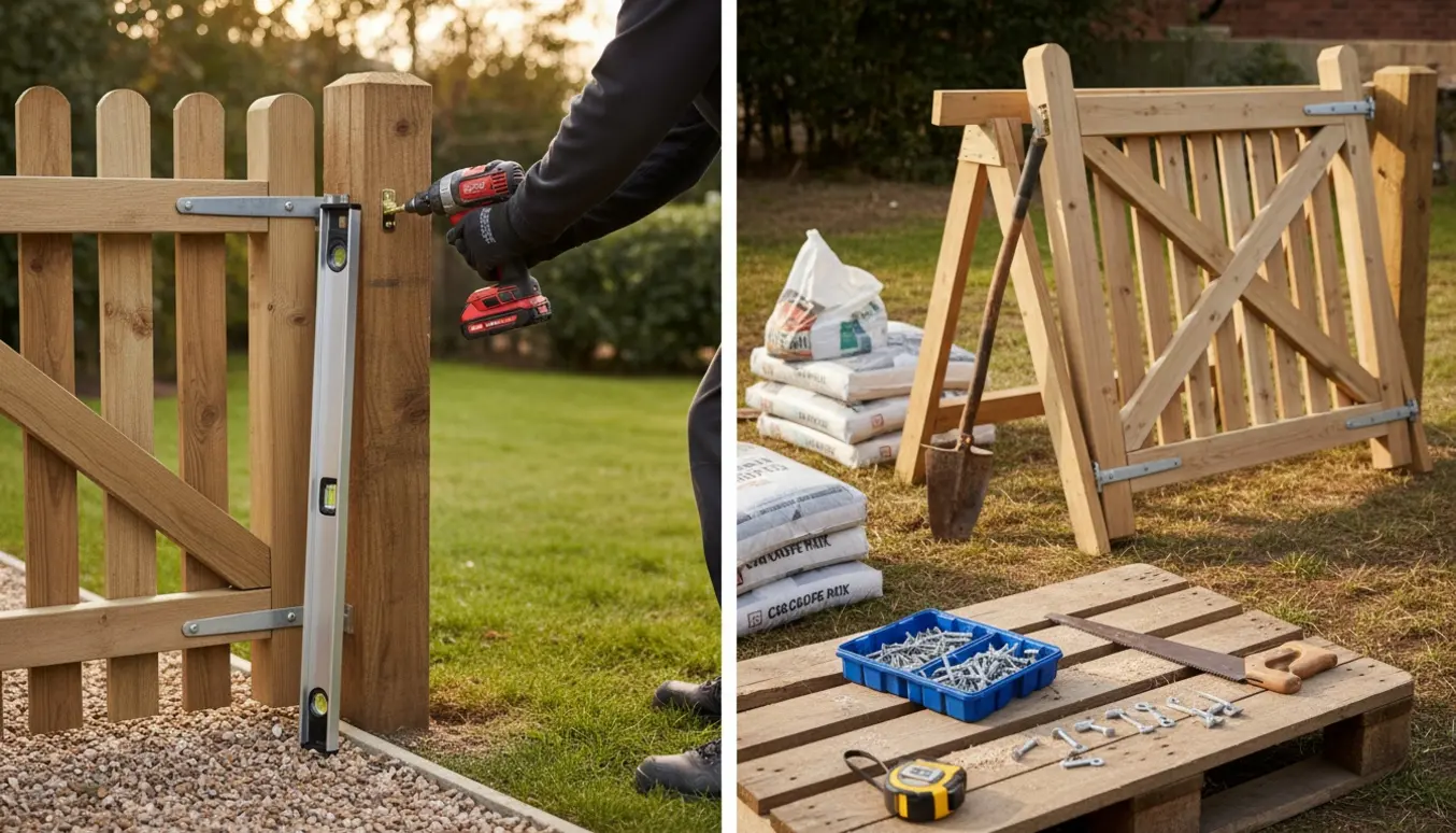 To havelåger: en forhave-låge justeres, mens en ny havelåge ligger klar med værktøj i baghaven.