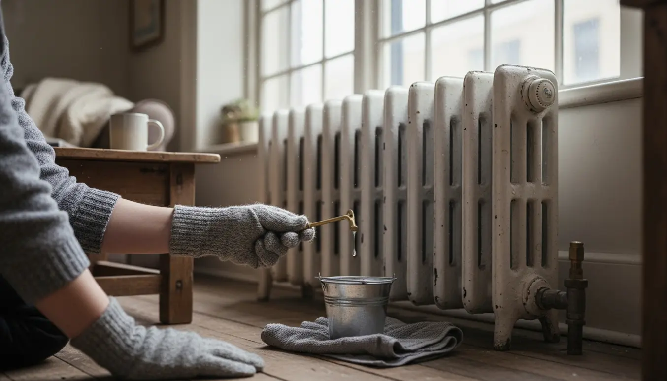 Hænder bruger en nøgler til at lufte en radiator i en lejlighed med spand under en dryppende ventil.