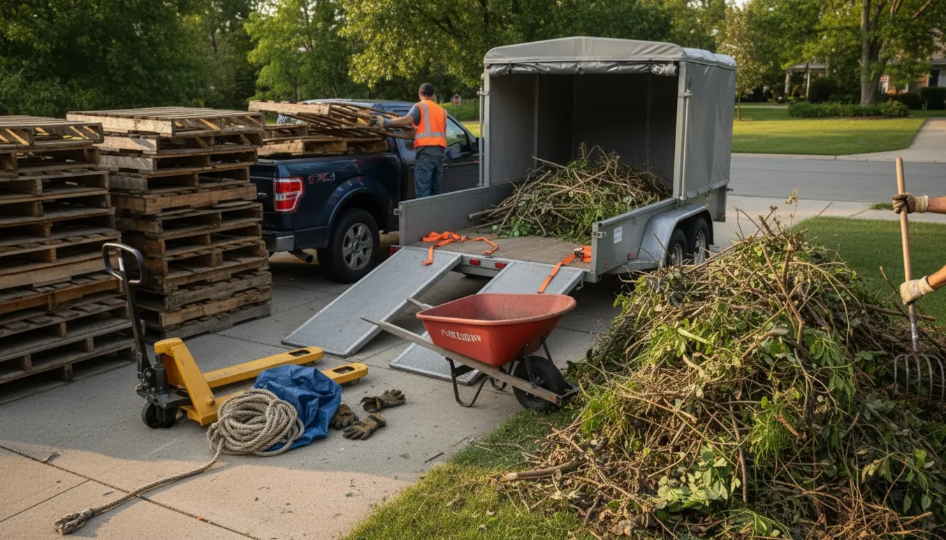 To bunker med paller og haveaffald ved indkørsel, trailer læsset klar til kørsel til losseplads.