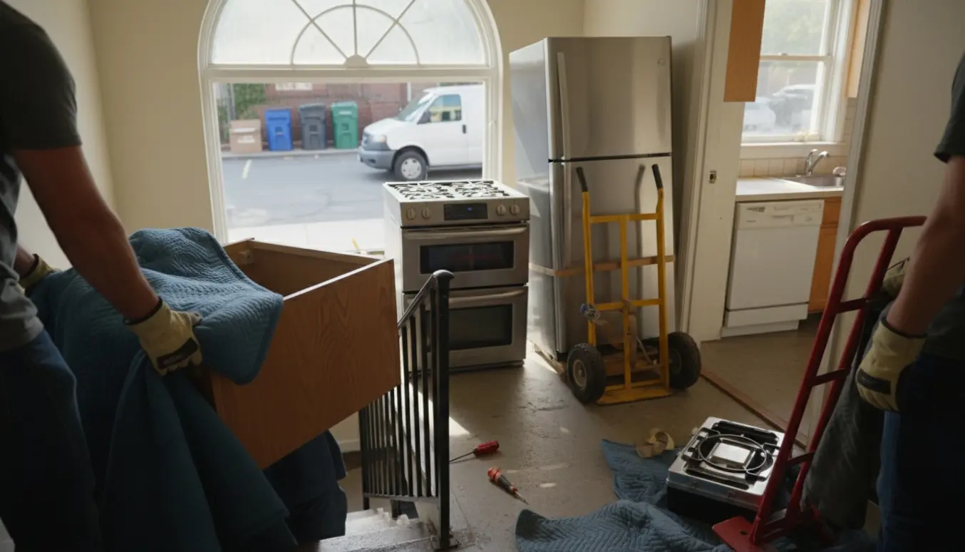 To personer bærer et afmonteret køkkenelement og store hvidevarer ned ad trappen mod en varevogn ved en genbrugsplads, mens opvaskemaskinen står tilbage i lejligheden.