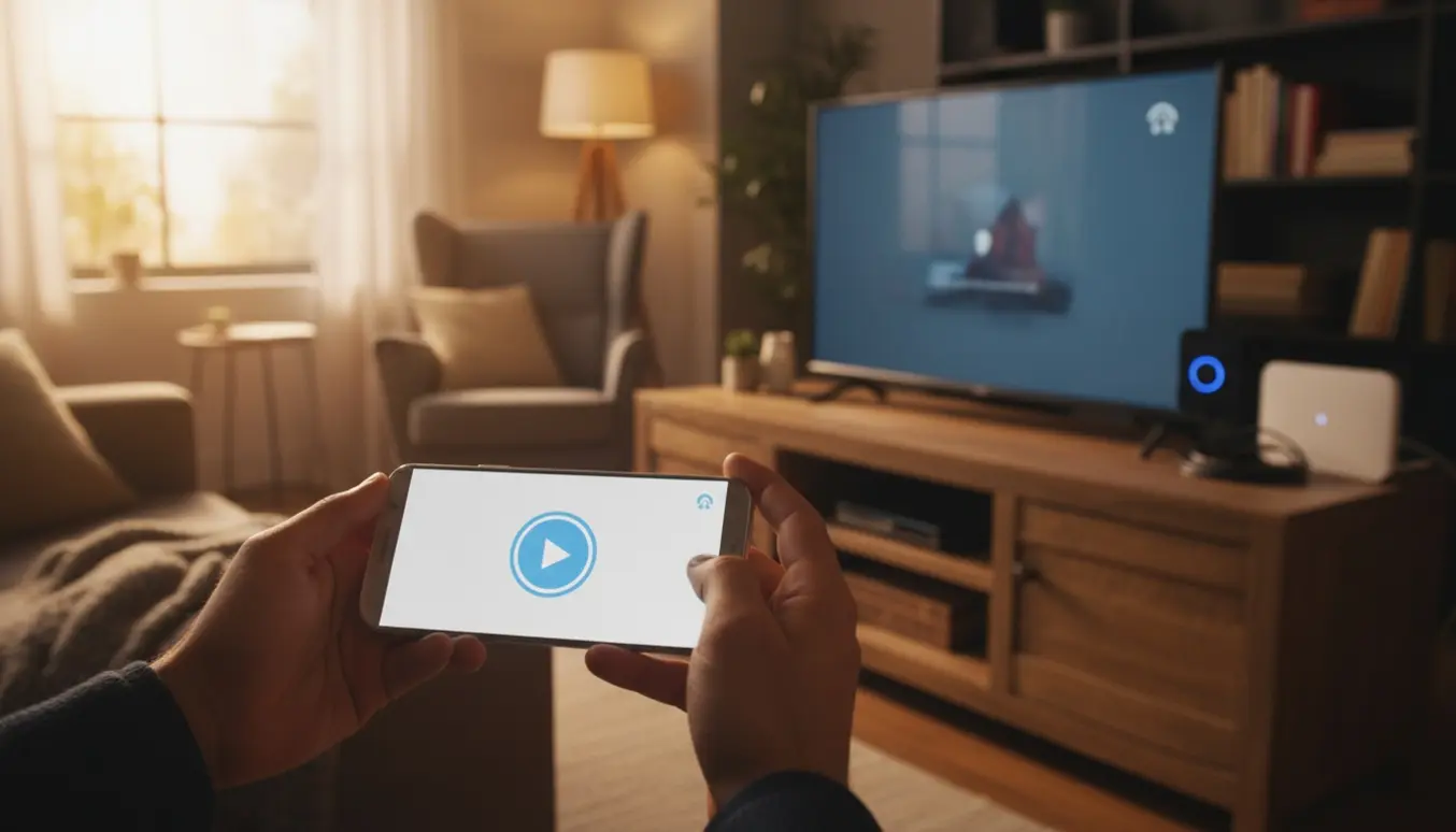 Nærbillede af en smartphone, der caster en streaming-app til et ikke-smart TV med en Chromecast tilsluttet.