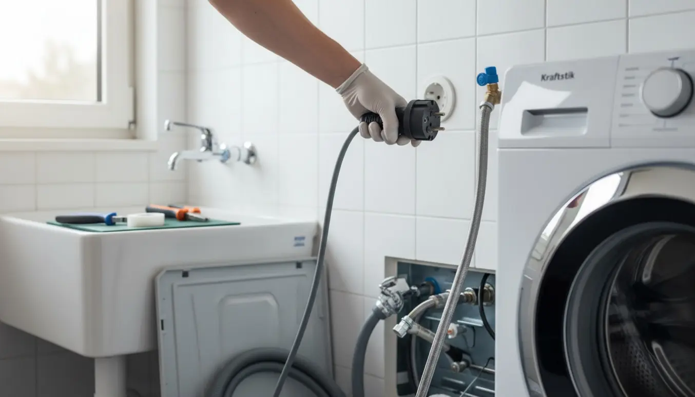 Nærbillede af hænder, der tilslutter en moderne vaskemaskine til et ældre kraftstik og vandtilslutning i et lyst bryggers.