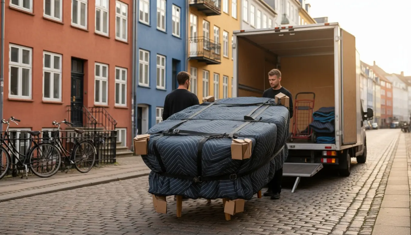 Et rundt spisebord, pakket i flyttetæpper, bæres ind i en åben flyttebil på en københavnsk gade.