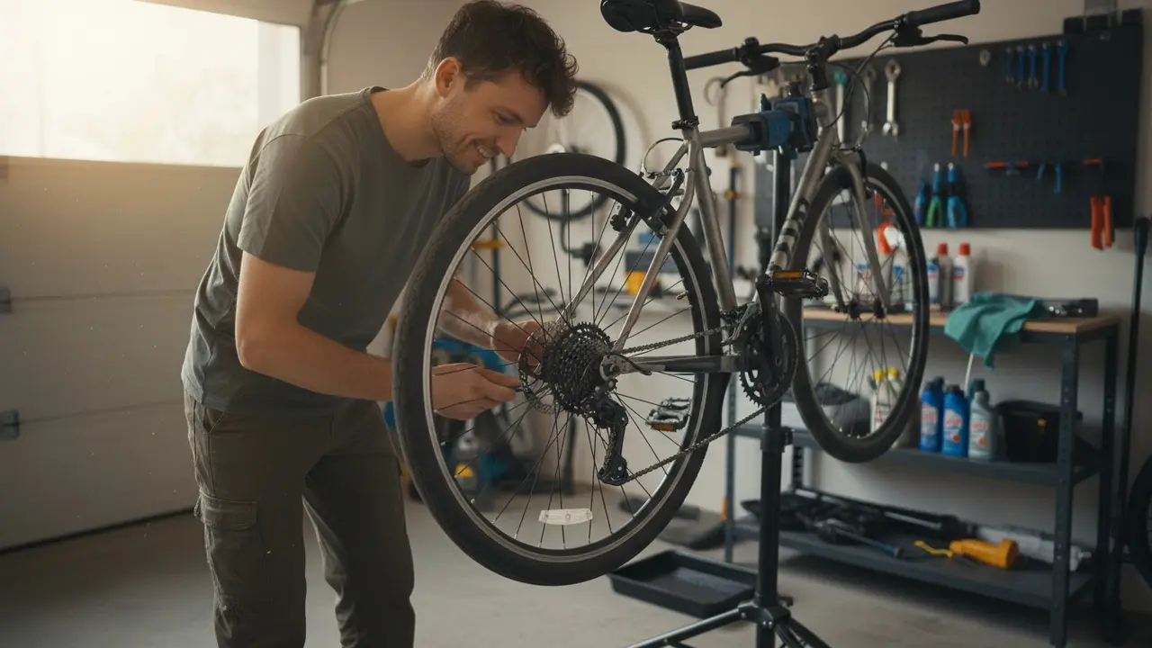 Person ved cykel på stativ i garage, justerer gear og har værktøj i baggrunden.
