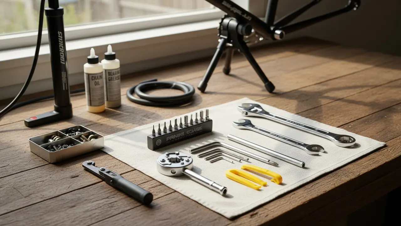 Oversigt over nødvendige cykelværktøjer på et arbejdsbord: nøgler, kædeværktøj, pumpe og smøremidler.