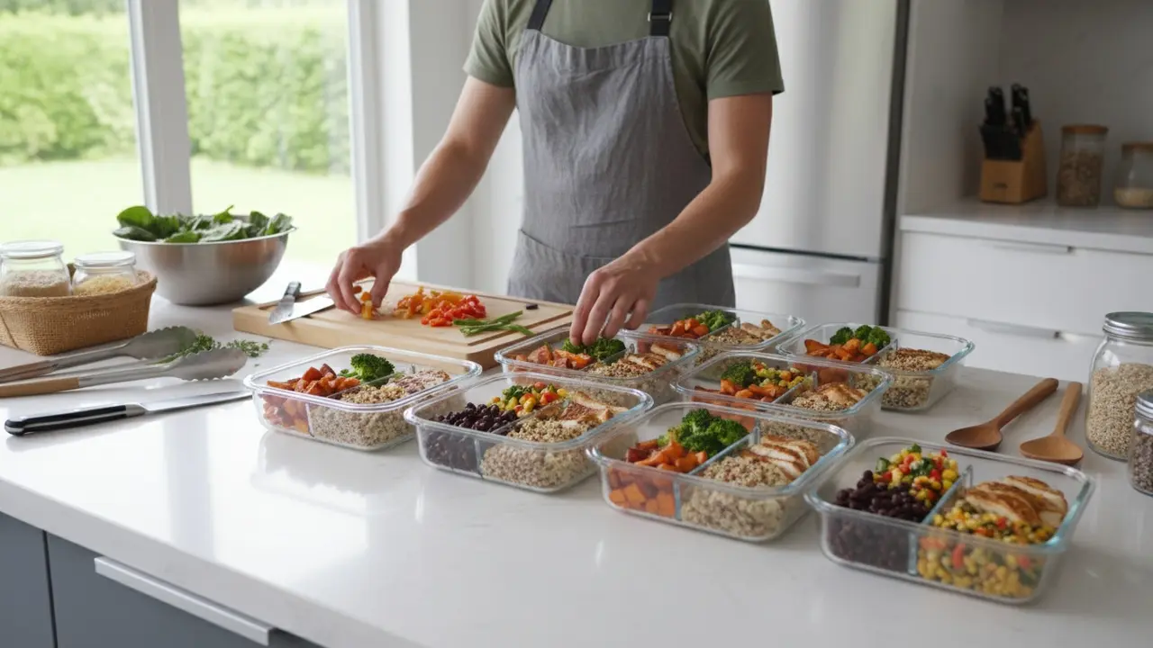 Professionel meal prepper dækker sunde måltider i beholdere på køkkenbordet, klar til ugen.