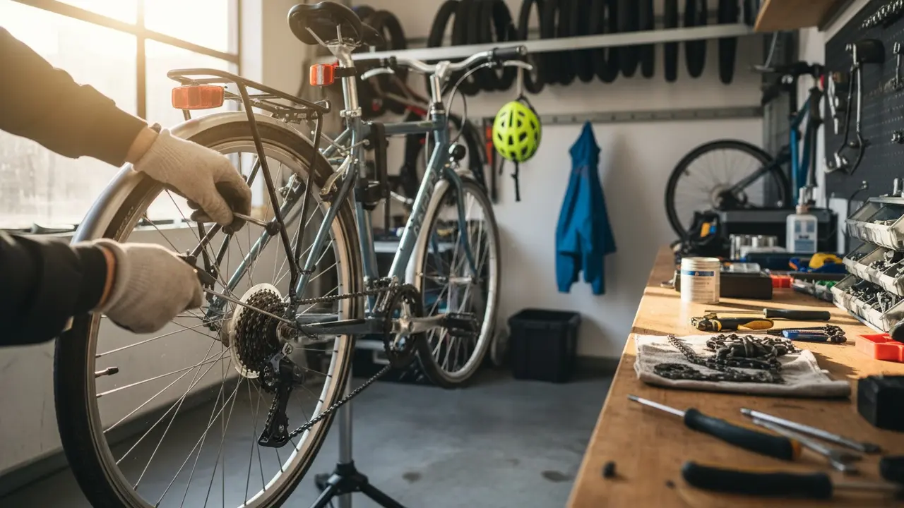 Cykelreparatør retter kæde og gear i et lyst værksted, klarer praktisk vedligeholdelse.