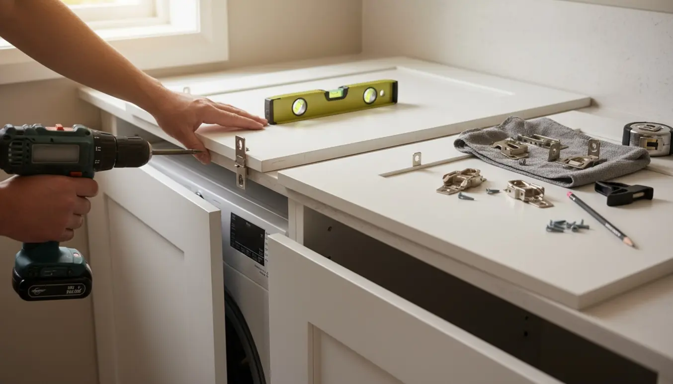 Nærbillede af hænder, der monterer låger på indbyggede vaskemaskine og opvaskemaskine i et lyst bryggers.