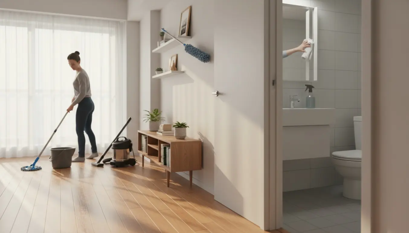 En person mopper og støvsuger i en lys lejlighed, mens en hånd pudser spejlet i badeværelset.