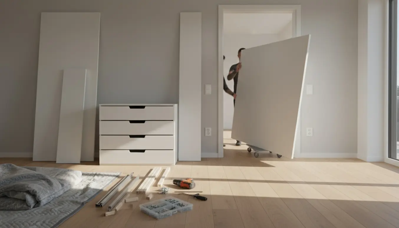 Delvist adskilt IKEA PAX garderobe flyttes mellem to værelser med paneler, værktøj og flytteudstyr klar.